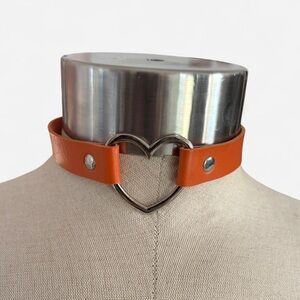 Orange Faux Leather Heart O Ring Choker Button Clasp Adjustable Length 15in